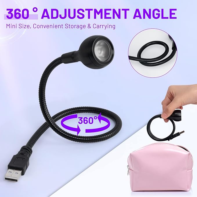 AORAEM 3W USB UV Nail Lamp with Flexible Gooseneck for Gel Nails, Black | Plug and Play, Portable Nail Dryer for Gel Polish Curing, Nail Extensions, Professional Salons and Home DIY