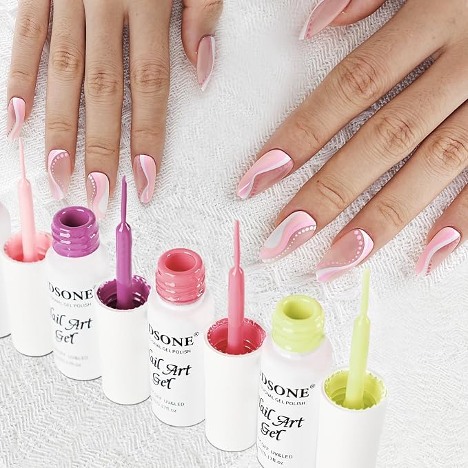 JODSONE 5ml Nail Art Gel Liner Set 10 Colors Gel Nail Polish Need U V Lamp Cured with Thin Brush Gift for Girls at Home Salon Design,Pink Red Blue Purple