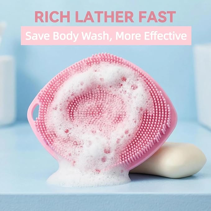 Silicone Body Scrubber with Suction Cup, Gentle Texture Exfoliating Body Scrubber for Men and Women On Sensitive Skin, Build Up Lather, Deep Skin Clean (Body+ Face Scrubber Pink)