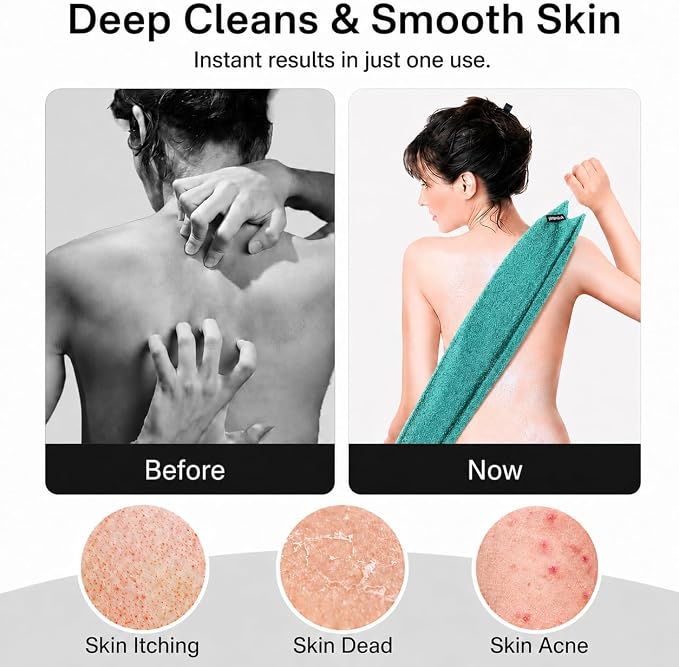 Yiclick Exfoliating Washcloth Towel with Handle, Back Scrubber for Shower, Exfoliating Body Scrubber Exfoliator, Japanese Wash Cloth for Body Scrub, Bath Sponge Loofah Luffa Washer Exfoliator