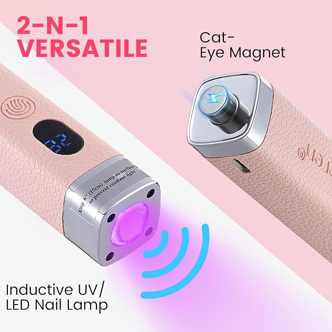 Mini Flash Cure Handheld UV Nail Lamp with Stand, Cat Eye Magnet(Pink) | Auto Sensor, 365+405nm for Gelx, Nail Tips, Glue, Rhinestone, Hands-Free, Cordless, Type-C Charging for Home Salon