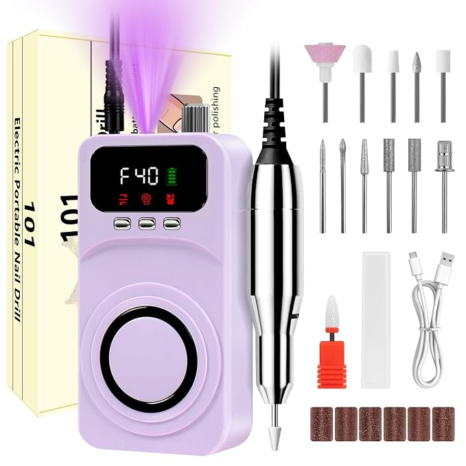 TPQKA PurpleNail 2 in 1 Nail Drill with UV Light, Professional Electric Nail File Kit 40000RPM, Rechargeable Manicure Pedicure Tools Set with 12 Bits & Lamp for Acrylic Gel Nails (Purple Silver)
