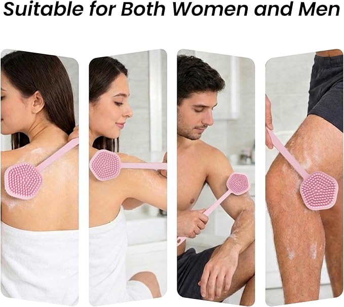 Redfly Silicone Back Scrubber for Shower Brush, 17 inch Long Handled Silicone Body Scrubber for Men & Women, Double Sided Shower Scrubber for Body Brush Exfoliator and Massage, Pink
