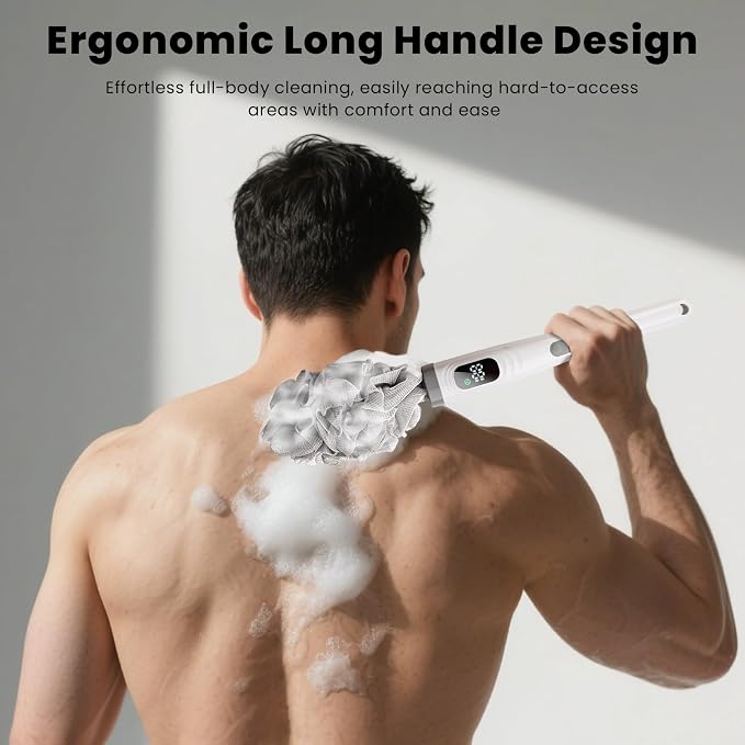 Electric Body Brush Back Scrubber for Shower, Electric Body Brush with Long Handle, Waterproof Rechargeable Bath Brush Body Scrubber with 3 Brush Heads & 2 Speeds for Cleansing and Exfoliating Skin