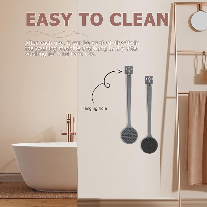 Long Handle Silicone Back Scrubber,Double-Sided for All Skin Types(Gray | For Back & Legs & Feet, Travel & Business & Daily, Rich Lather,Anti-Slip Handle, Easy Hanging