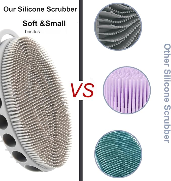Silicone Body Scrubber with Double-Sided Bristles, Deep Cleaning Massage Brush, Flexible Design with Hanger Loop for Exfoliating and Scalp Care (Grey)