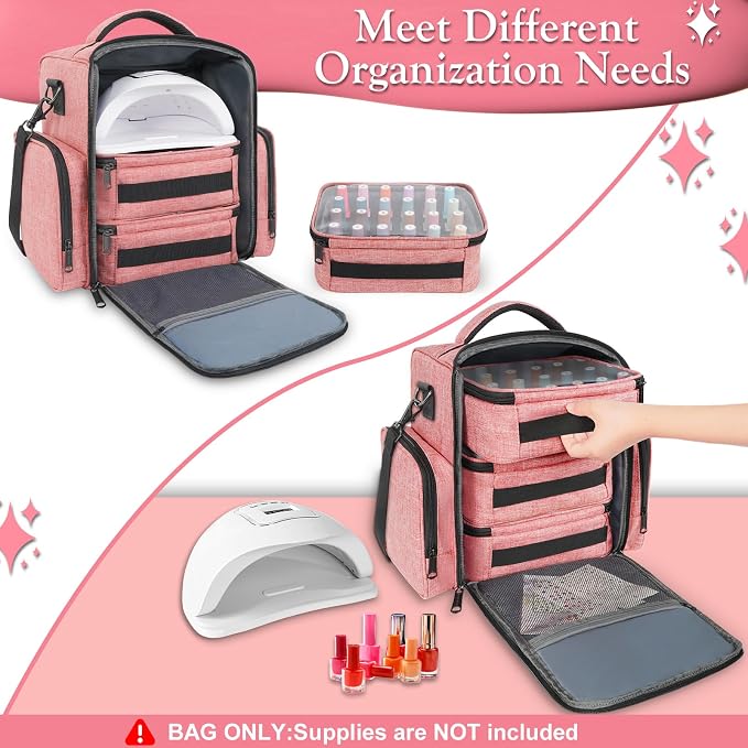 YOREPEK Nail Polish Organizer with 3 Removable Pouches for 72 Bottles, Pink | Large Nail Polish Carrying Case with 4 Zippered Pockets for Manicure Tools, Supplies, Nail Lamp, Gifts for Women