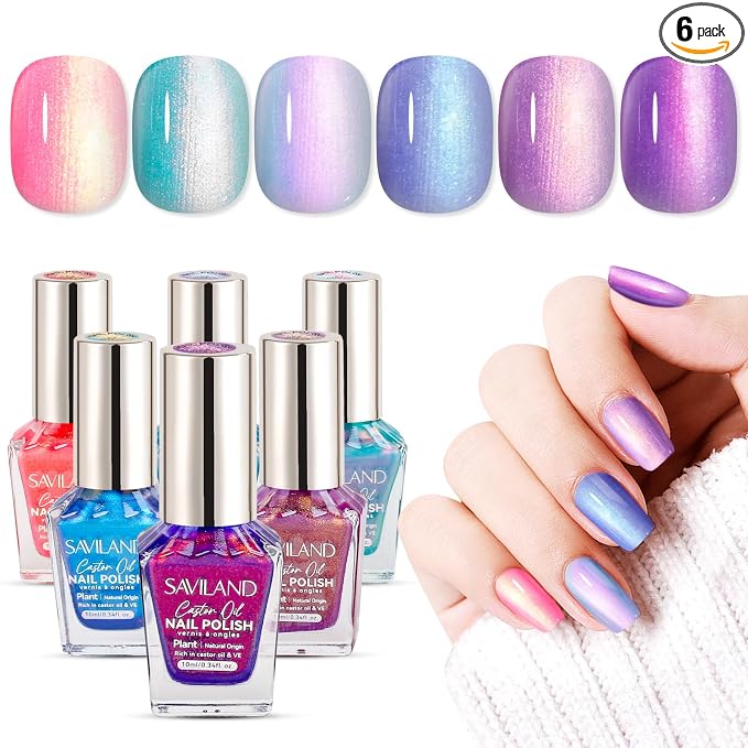 SAVILAND 6Pcs Ombre Nail Polish Set Charm Pink Blue Gold Purple | Quick Dry Pearl Summer Fingernail Polish Colors, Plant-based Castor Oil, Natural Nail Lacquer, Women Gift Home Manicure DIY