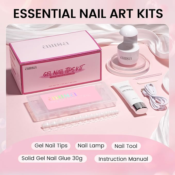 AILLSA Gel Nail Kit Short Square Nail Tips 120pcs, Nail Glue & U V Lamp | Upgrade Glue Gel for Fake Tips Press on Nails, Nail Extensions Kit with Portable Nail Lamp for Beginners
