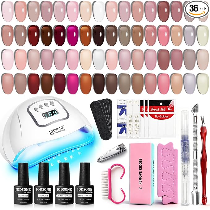 JODSONE 36Pcs Jelly Gel Nail Polish Kit 32 Colors with U V Light Crystal Transparent Classic Color 4 Functional Gel for All Seasons