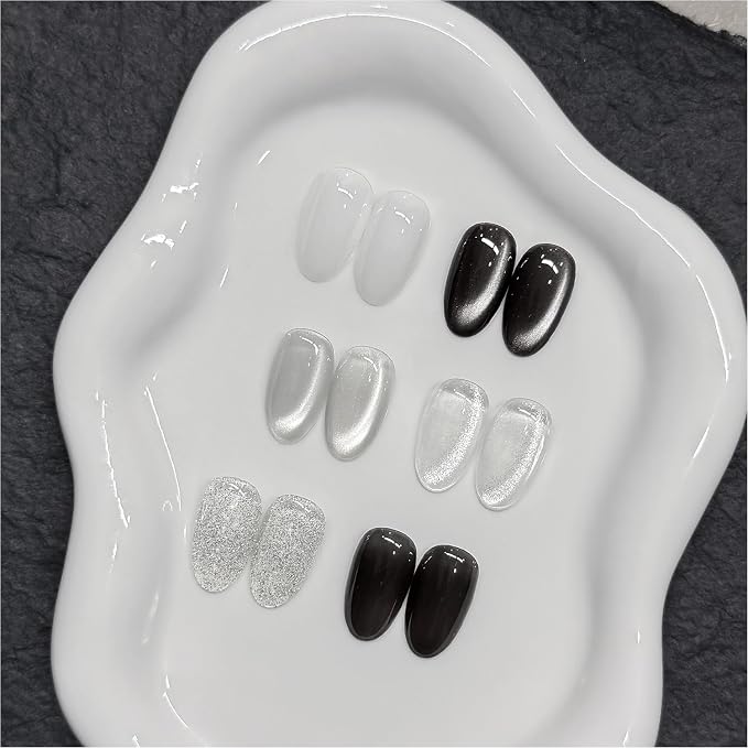 GAOY Black and White Gel Nail Polish Set 6 Colors, Cat Eye Gel with Magnet | UV Lamp Required, Holographic Glitter Glass Cateye, Holiday Halloween Nail Art, Salon Gel Manicure Pedicure