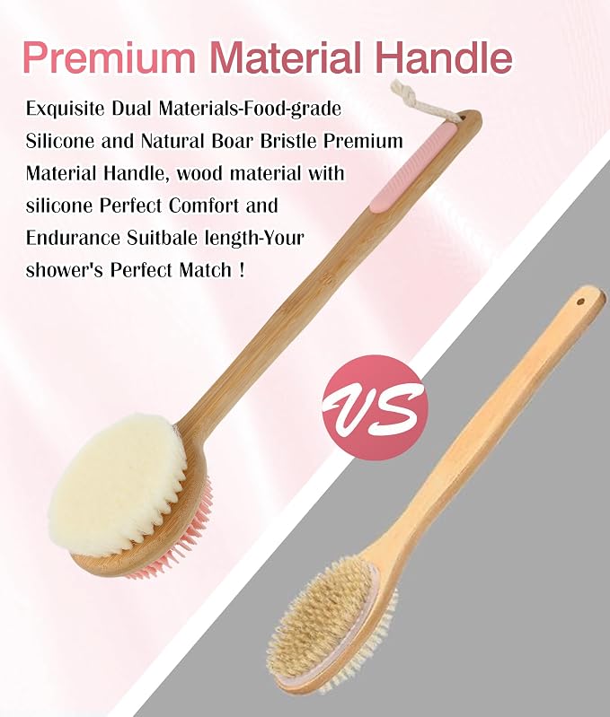 Back Scrubber for Shower - Double-Sided Silicone and Super-Dense Bristles for Deep Cleaning & Exfoliation, Bamboo Long Handle with Wider Anti-Slip Grip, Rich Foam, Durable (Pink)