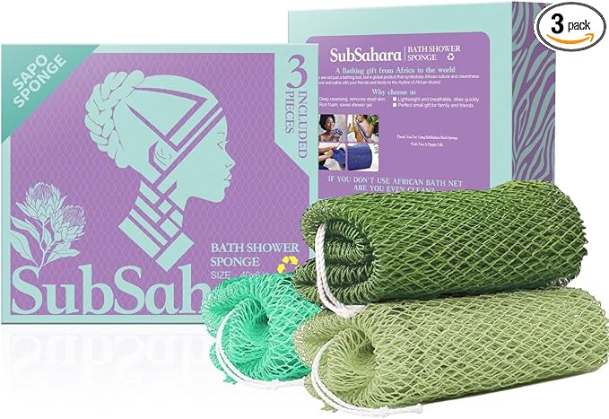 SubSahara Authentic African Net Sponge, 3 Pack 45-Inch Exfoliating Bath Sponge and Shower Loofah for Body and Back, Colorfast Quick-Dry Knotted Mesh Scrubber with Travel Pouch