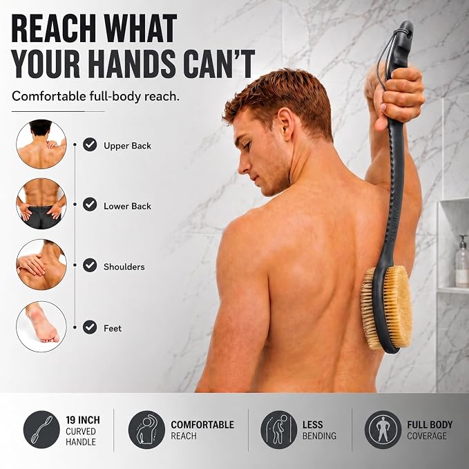Avilana Long Handle Body Brush for Shower, 19 Inch Curved Back Scrubber with Soft & Stiff Bristles, Exfoliating Body Brush for Back, Legs & Feet, Non-Slip Silicone Handle, Replaceable Head System
