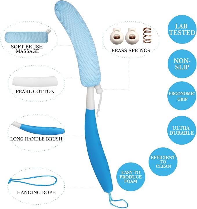 Back Scrubber for Shower,15.35" Long Handle Shower Brush for Body | Back Brush for Shower for Men Women, Long Handled Bath Sponge for Deep Clean,Exfoliating,Anti-Slip Curve Handled