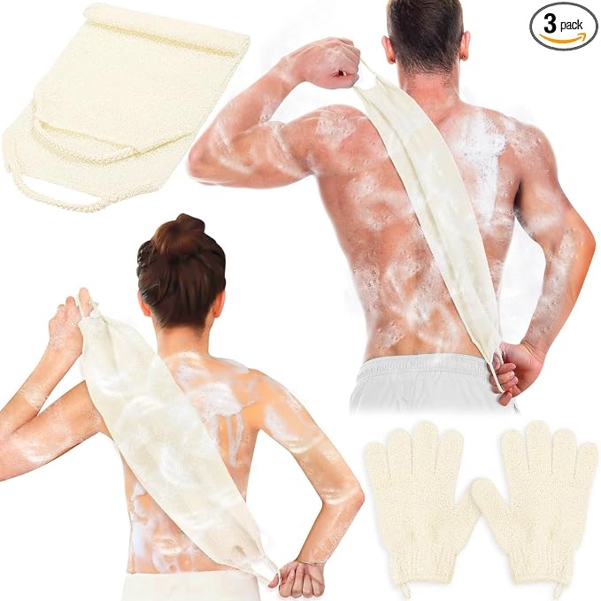 Anezus Exfoliating Back Scrubber Bath Gloves Set, Exfoliating Shower Towel with Shower Gloves for Body Scrub, Back Cleaner Wash Gloves to Remove Dead Skin (Beige)