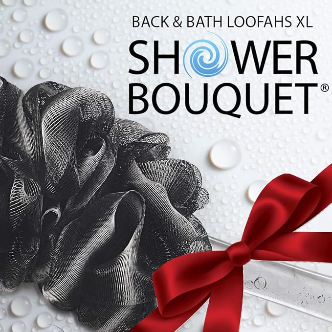 SHOWER BOUQUET Charcoal Back-Loofah-with-Handle & 2 Bath Sponge Puff Set | 1 Long Handled Loofah on a Stick for Men & Women & 2 Extra Large 75g Soft Mesh Loofa Poufs - Exfoliating Lufa Back Scrubber