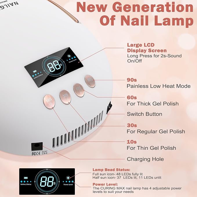 NAILGIRLS 80W Professional Cordless Nail Lamp, Rechargeable Fast-Dry Light with Smart Sensor, Intelligent LCD Display & 4 Timer Settings Nail Curing Lamp for Salon-Quality Gel Manicures