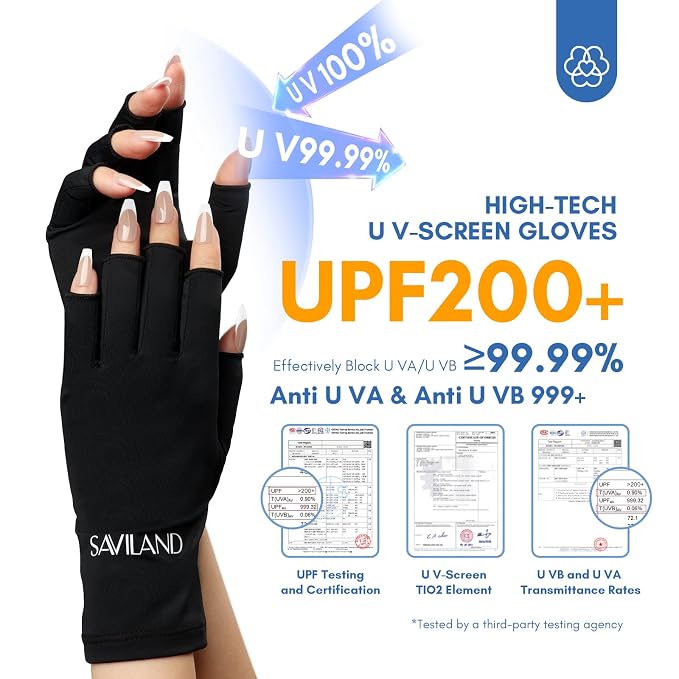 SAVILAND UPF200+ UV Gloves for Gel Manicures One Size Fit Most Black | Sun & UV Protection Anti UVA & UVB 999+, Fingerless Gloves, UV Light Gloves Prevent Hands from UV Harm