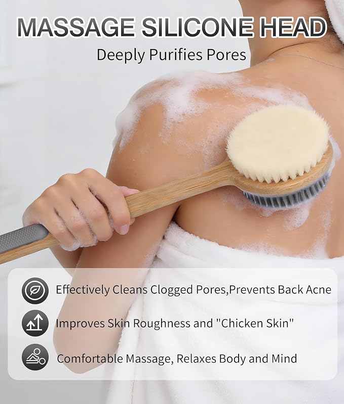 Back Scrubber for Shower - Double-Sided Silicone and Super-Dense Bristles for Deep Cleaning & Exfoliation, Bamboo Long Handle with Wider Anti-Slip Grip, Rich Foam, Durable (Grey)