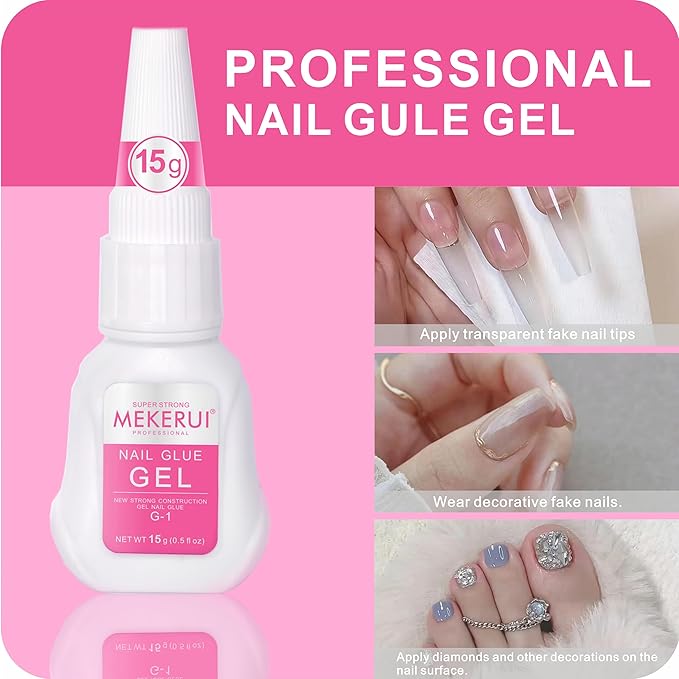Mekerui Super Strong Nail Glue for press on nails resists dripping and clogging. It dries rapidly in 7 seconds sans UV light, offers long lasting 30+ days, is waterproof, and meets professional salon