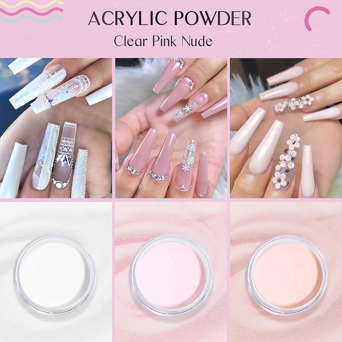 Saviland Acrylic Nail Starter Kit: Clear Pink Nude | Acrylic Powder & Liquid, Brush, Files, Forms, Press On Nails, Home Practice Set