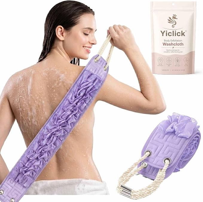 Yiclick Back Scrubber for Shower, Exfoliating Washcloth Towel with Handle, Body Scrubber Exfoliator, Bath Sponge Loofah Luffa, Back Washer Wash Cloth for Men Women, Korean Exfoliate Body Scrub