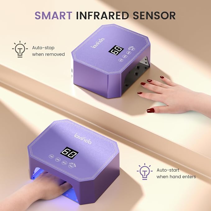 Lavinda 54W UV LED Nail Lamp – Plug-in Gel Nail Light with LCD Display, 4 Timers, Auto Sensor, Dual Wavelength, Nail Dryer for Home & Salon Purple
