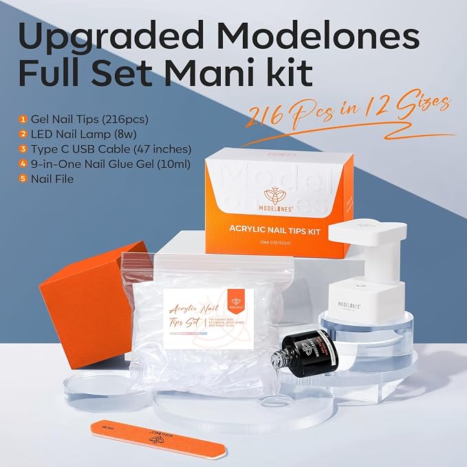 modelones X Nail Gel Kit Medium Almond, 9-in-One Nail Glue with UV Light | 216Pcs 12Sizes Pre-Etched Press ons Fake Acrylic Extension Kit DIY Salon Gift