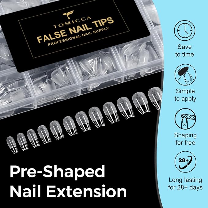 TOMICCA Short Coffin Nails Tips, 240PCS 15 Sizes Pre-Shaped Ultra Half Matte Clear Full Cover Acrylic Nails for DIY Salon, Gel Nail Extension Tips for Beginners & Nail Techs