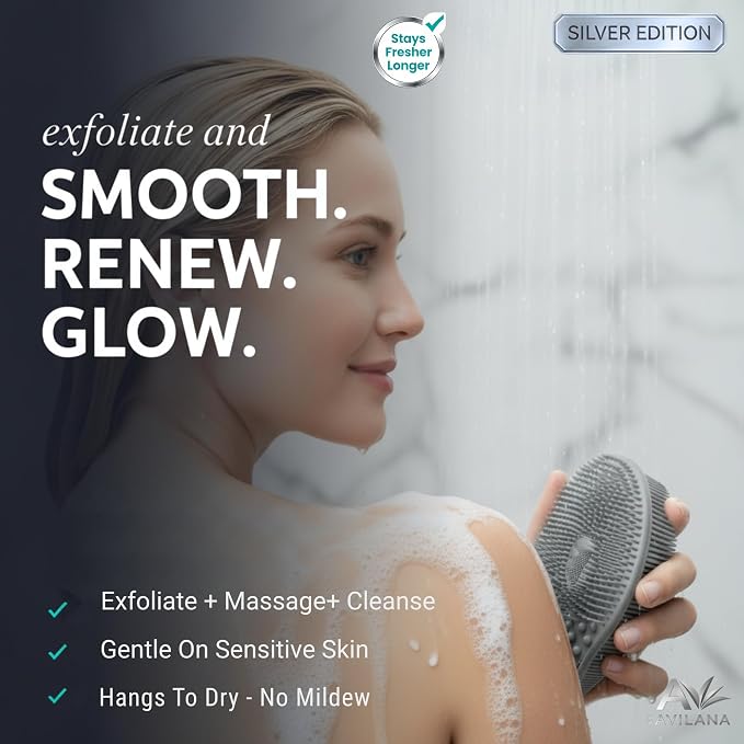 Avilana Silicone Body Scrubber for Shower – SGS Certified Food Grade Dual Sided Bath Brush, Gentle Exfoliating Silicone Loofah Alternative, Sensitive Skin Body Brush (Gray-Silver, Exfoliate)
