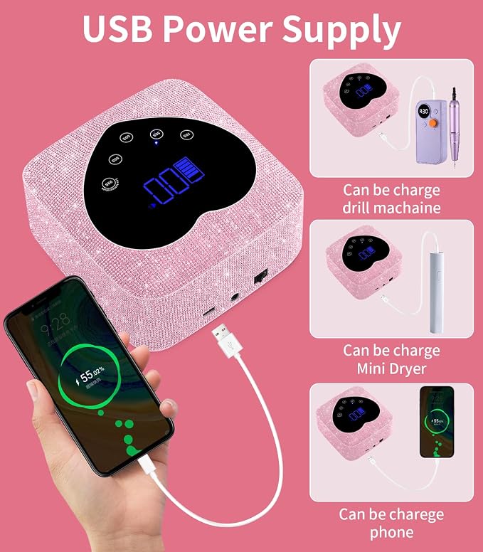 HUGMAPLE UV Light for Nails, 72W Cordless Rechargeable UV Nail Lamp | Fast Curing，Appearance of Pink Diamonds,with 5 Timer Setting, Touch Control & Auto Sensor,for All gel polish for Salon & Home