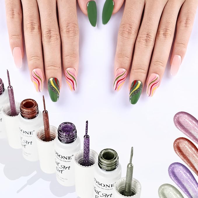 JODSONE Nail Art Gel Liner Set 10 Colors Glitter Purple Gold Green Gel Nail Polish Need U V Lamp Cured with Thin Brush at Home Salon Design,Gifts for Women