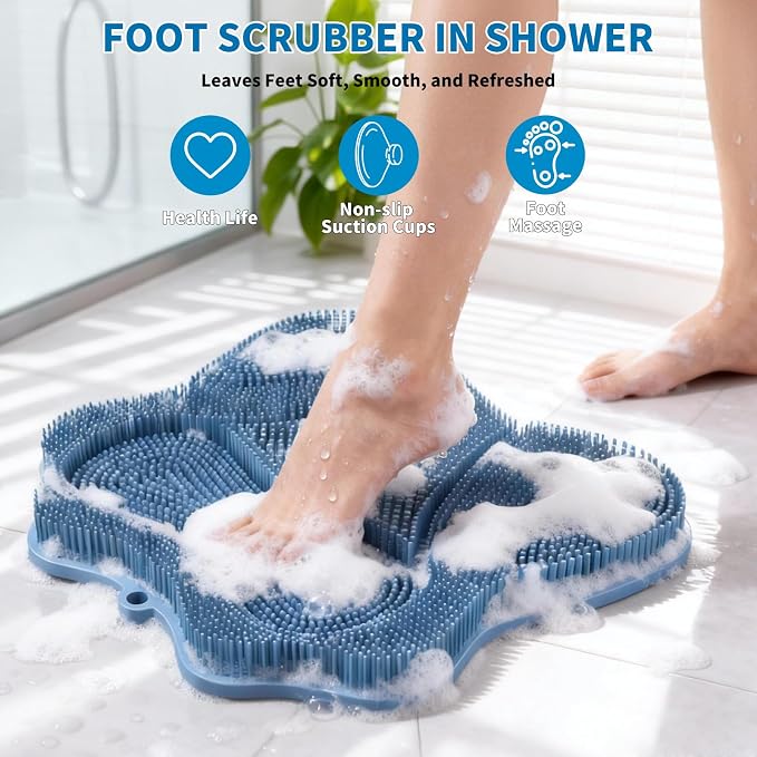 Show Foot Scrubber Mat & Silicone Back Scrubber with Butterfly Form Design,3 Brush Designs for Deep Cleaning Shower Foot Scrubber Mat, Wall Mounted Back Scrubber Silicone Bath(Blue)