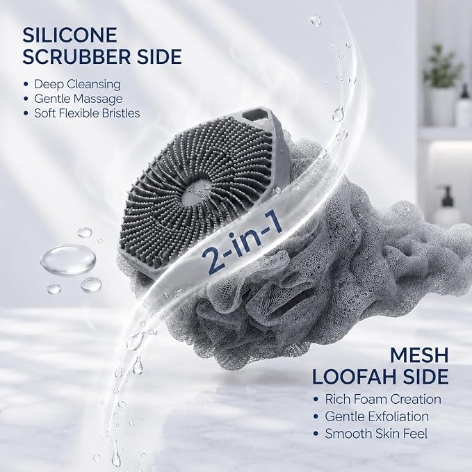 2-in-1 Silicone Body Scrubber & Mesh Loofah Sponge – Exfoliating Shower Scrubber with Soft Loofa Puff, Silicone Bristles, Non-Slip Grip, Quick Dry, Hygienic Body Scrubber for Women & Men
