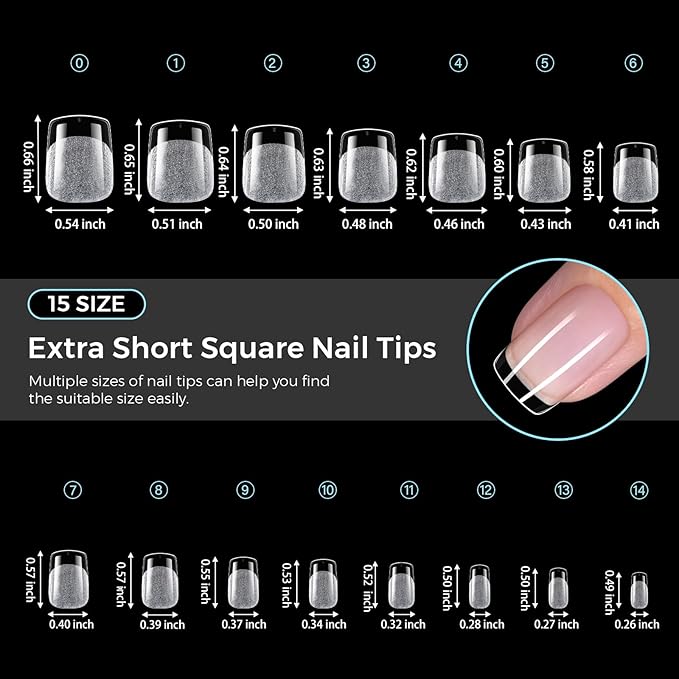 TOMICCA Extra Short Square Nail Tips 240Pcs 15 Sizes Pre-shaped Nail Extension for Gel Tips, Ultra Matte Acrylic Fake Nails for Beginners and Professionals, Home DIY Nail Salon, Wedding