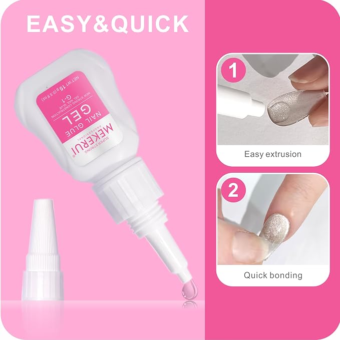 MEKERUI Nail Glue Gel 2 Pack – Super Strong Press On Nail Glue, Air Dry in 7 Seconds, No UV Lamp Needed, Thick Gel Formula for Long-Lasting False & Press-On Nails