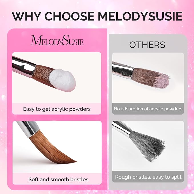 MelodySusie 3Pcs Acrylic Nail Brush Set, Size 8/10/14 with Brush Holder, Nail Art Brushes for Acrylic Application Powder Nail Extension and 3D Carving, Nail Art Tools for DIY Home Salon, Pink-Silver