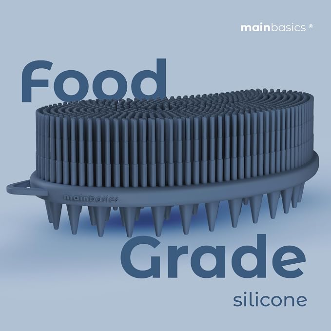 MainBasics Silicone Body Scrubber Dual-Sided, Dark Blue, Scalp | Shower Scrubber and Scalp Massager, Gentle Silicone Loofah Alternative for Deep Clean