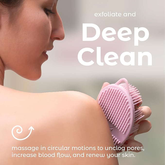MainBasics Silicone Body Scrubber Dual-Sided, Pink, Exfoliate | Shower Exfoliator for Men & Women, Gentle Silicone Loofah Alternative for Deep Clean