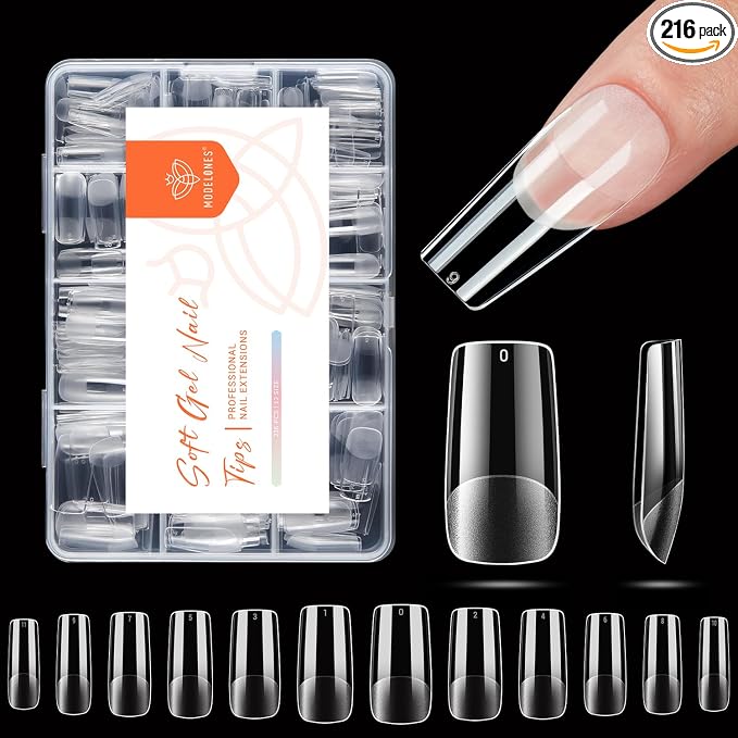 Modelones Medium Square Nail Tips Pre-shaped Soft Gel Fake Nails False Full | Acrylic Clear Full Cover Press on Extension Kit Gel Manicure DIY at Home 216PCS 12Sizes