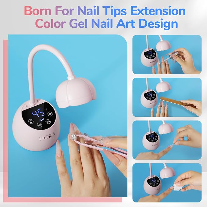 LIORA UV LED Nail Lamp: Cordless USB Rechargeable Gooseneck Lamp for Gel Nails with 4 Timers & Auto Sensor, Flash Curing Nail Dryer for Salon, Home & DIY Use