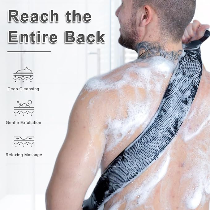 FREATECH Silicone Back Scrubber for Shower, 36" Dual-Sided Back Washer Exfoliator Strap to Clean, Exfoliate and Massage, Easily Cover the Entire Back for Men Women, Easy to Clean, Black