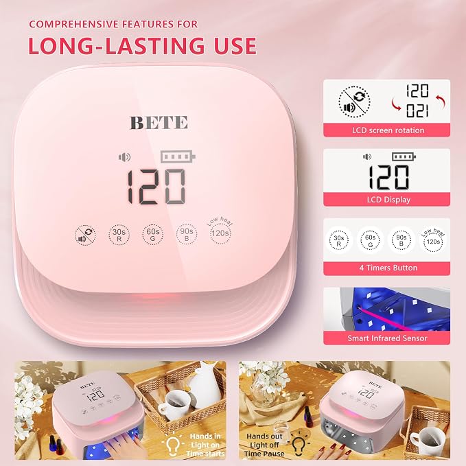 BETE 60W Cordless UV LED Nail Lamp - Rechargeable Gel Polish Dryer with Auto Sensor, 30 Beads & 4 Timer Settings Portable for Home/Salon Pink