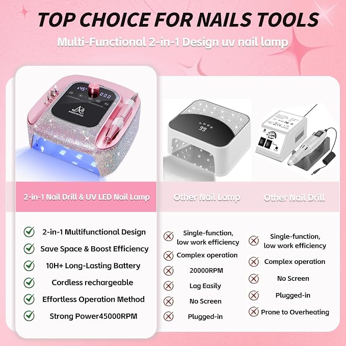 2-in-1 Nail Drill & UV LED Nail Lamp, Professional Rechargeable 45000 RPM Electric Nail Drill Machine, Nail Grinder, Fast Nails Dryer Curing Lamp, Designed for Salon, Home