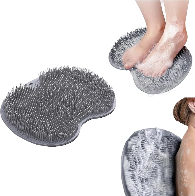 Shower Foot Scrubber Mat with 3 Types of Upgraded Brushes for Massage, Shower Back Scrubber with Micro Suction Cups,Back Washer,Shower Scrubber for Body at Home Spa (Gray)