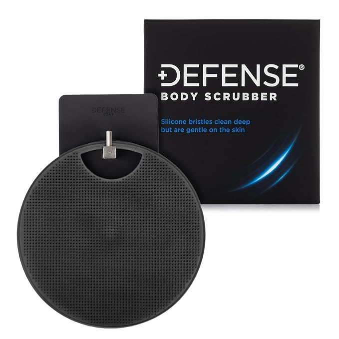 Defense Soap Body Wash 32 oz with Tea Tree, Eucalyptus, Rosemary & Aloe + Silicone Body Scrubber & Shower Hook | Complete Cleansing & Exfoliation Set for Athletes, Families, and Active Lifestyles