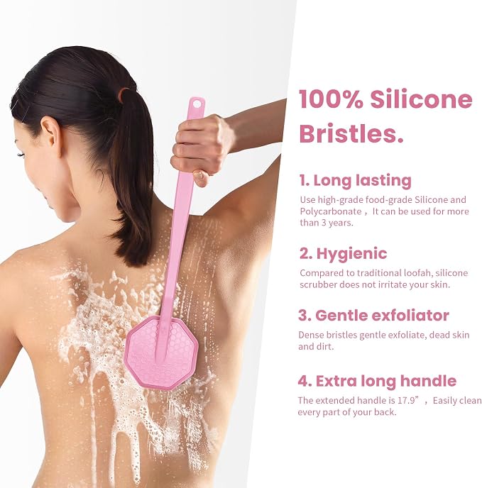 iTokGoK® Silver-Infused Silicone Back Scrubber with Long Handle Back Brush for Shower,Back Brush Long Handle for Men and Women,Ergonomic No-Slip Handle, Long-Lasting (Pink)