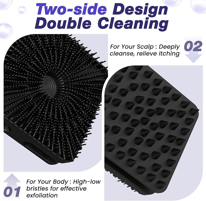 Manmihealth Dual-Sided Silicone Body Scrubber & African Bath Sponge Net Set | 2-in-1 Silicone Shower Shampoo Brush Africa Wash Net, Lather Well, Strong Exfoliating, Body Hair Wash (Black)