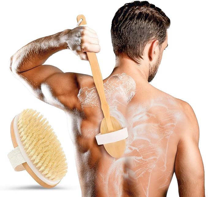 Back Scrubber for Shower - 20" Long Handle Shower Brush - Natural Bristle Back Brush – Ergonomic Handle + Silicone Anti-Slip Grip - Great Gift Idea - Men, Women + Seniors Love This (Firm Bristles)